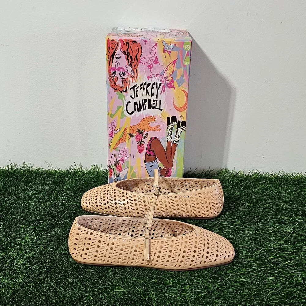Jeffrey Campbell KHLOE Perforated Square Toe Flat - Beige - Women's Size 8
